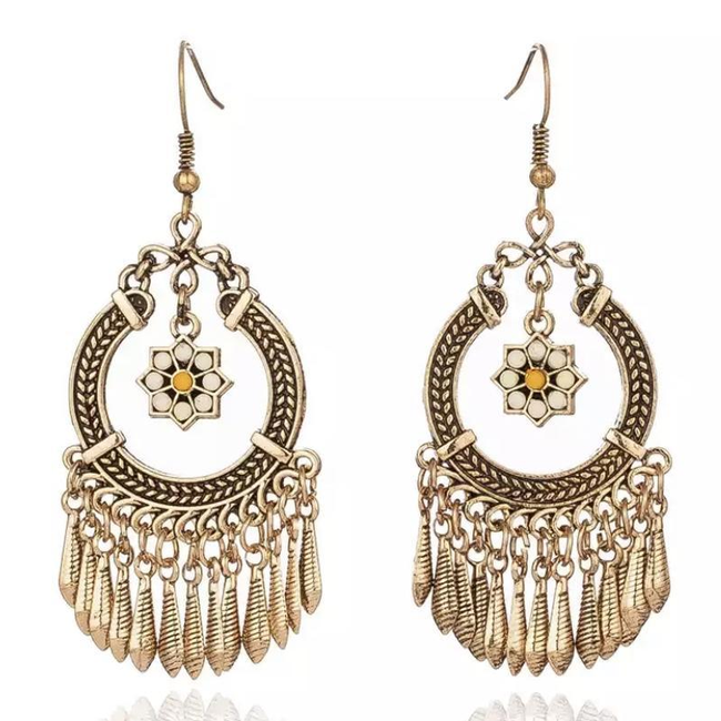 Vintage Indian Flower Tassel Boho Dangle Earrings-gallery-30352464412730