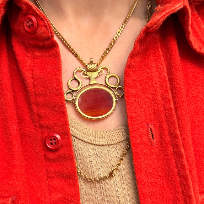 Antique yellow 18K swiveling double snake with urn carnelian pendant-gallery-57415374111035