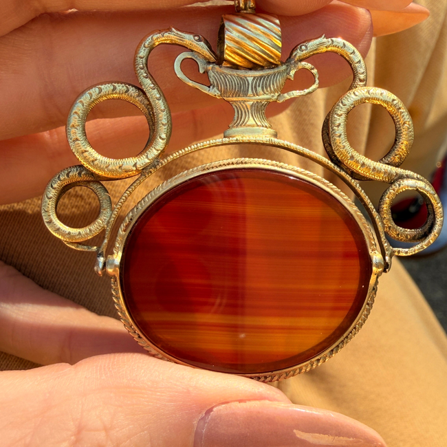 Antique yellow 18K swiveling double snake with urn carnelian pendant-gallery-57079930913083