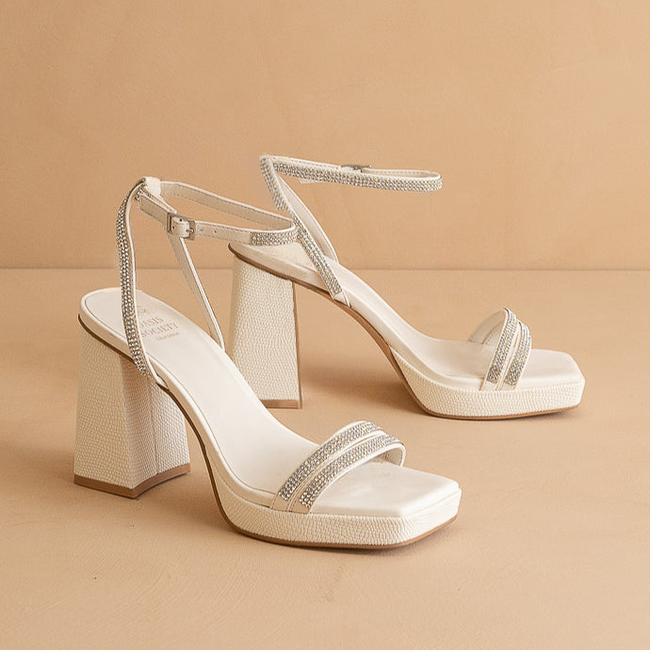 The Suva | White Rhinestone and reptile print strappy block heel-gallery-38019709075633