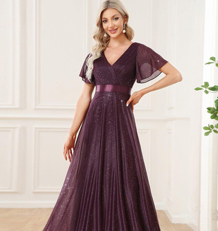 ever LIORÉ|Sparkling Short Sleeve V-Neck Ribbon Waist A-Line Evening Dress