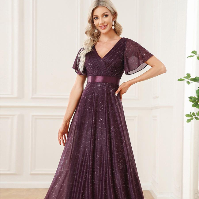 ever LIORÉ|Sparkling Short Sleeve V-Neck Ribbon Waist A-Line Evening Dress-gallery-32648756953162