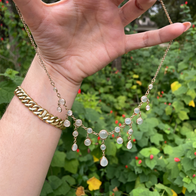 Antique Yellow 14K moonstone fringe bezel set necklace, 17.5 inch-gallery-56049046651195