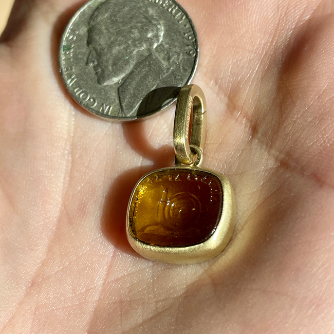 Yellow 14K gold brushed finish "Always at Home" snail glass seal pendant with removable clip bale-gallery-51481204556091