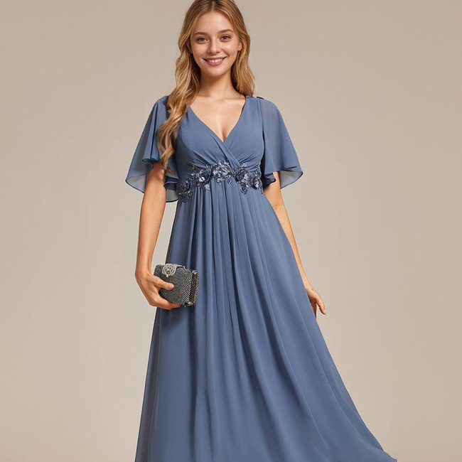 ever DAHLIA|Floral Applique Short Sleeve V-Neck Chiffon Bridesmaid Dress-gallery-32687590834250