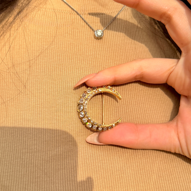 Antique yellow 18K crescent brooch with 2.6ctw of diamonds-gallery-57167729361211