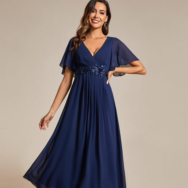 ever DAHLIA|Floral Applique Short Sleeve V-Neck Chiffon Bridesmaid Dress-gallery-32687590178890
