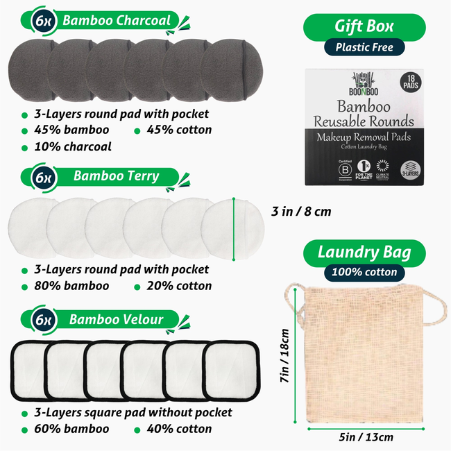 BOONBOO Reusable Make-Up Removal Pads | Facial Rounds for Makeup Removal | 18 Pads + Laundry Bag | B-gallery-29021765566573