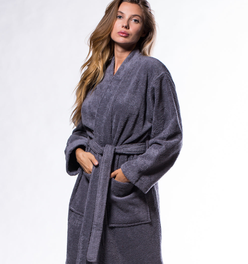 100% Turkish Cotton Gray Terry Kimono Bathrobe