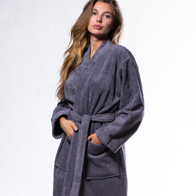 100% Turkish Cotton Gray Terry Kimono Bathrobe-gallery-46194514460931