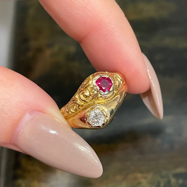 Antique 14K toi et moi with .15 ctw ruby and .25 ctw old mine cut diamond, size 6-gallery-50027809669435