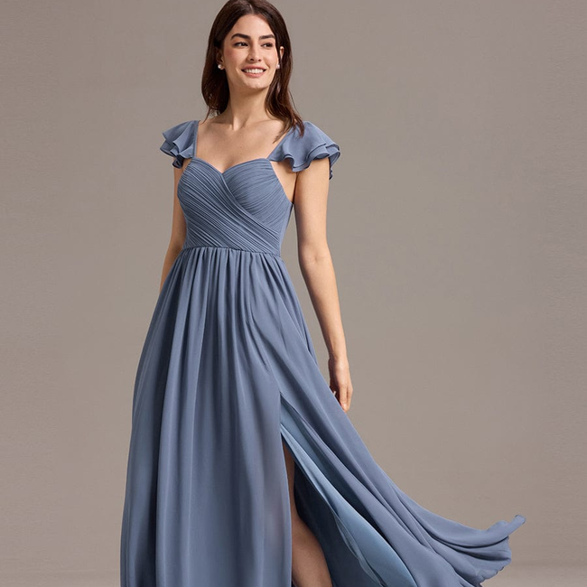 ever CLARKE|Chiffon A-Line Ruffles Cap Sleeve Bridesmaid Dress with Side Slit-gallery-33288277852234