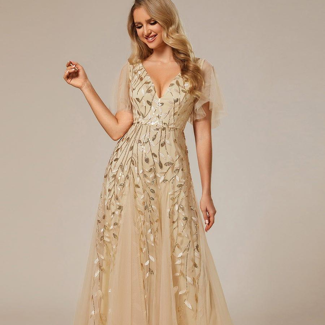 ever ASTRAL|Ruffle Sleeves Leaf Sequin Maxi Bridesmaid Dress-gallery-32686699872330