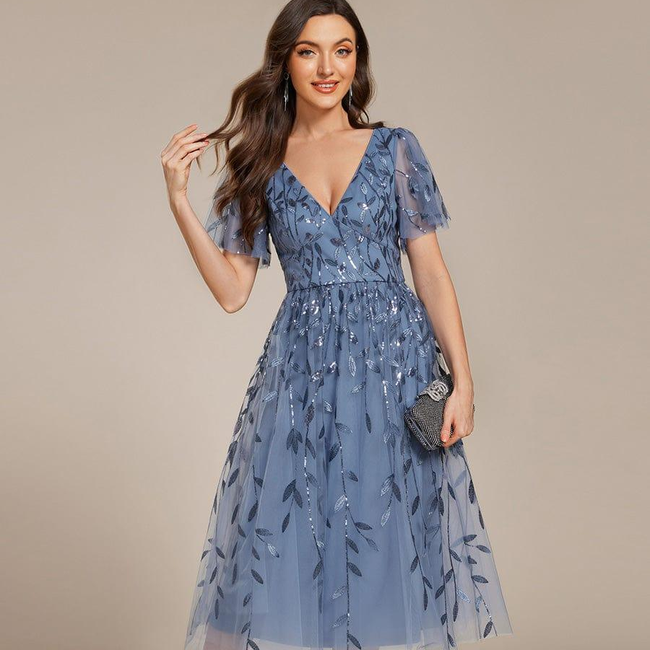 ever SIMONE|Short Sleeves Leaf Sequin A-Line Midi Formal Wedding Guest Dress-gallery-32570562969674