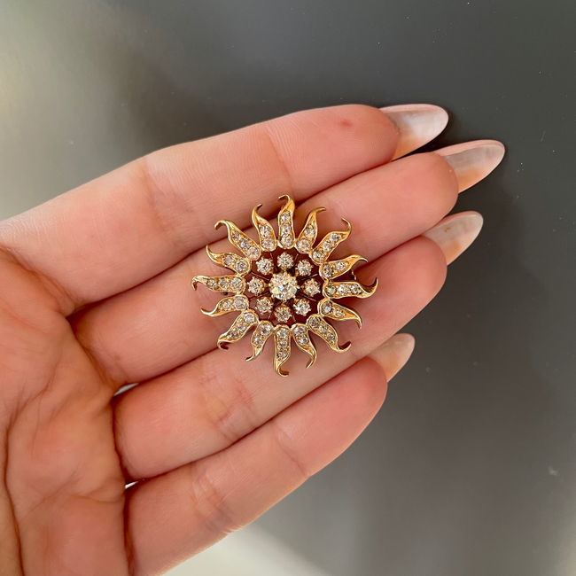 Amazing antique 1.6 ctw old euro/old cut diamond 14K Sun pendant/pin-gallery-49155744432443