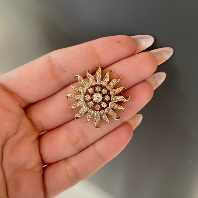 Amazing antique 1.6 ctw old euro/old cut diamond 14K Sun pendant/pin-gallery-49155744432443