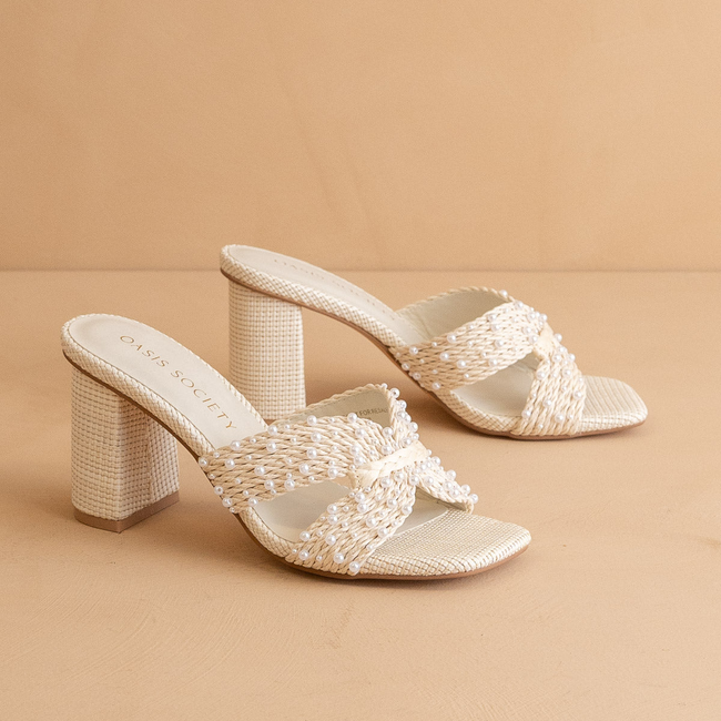 The Tiara | White Pearl Embroidered Raffia Block Heel-gallery-42327204233393