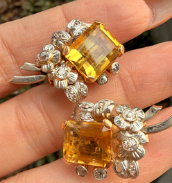 Antique Platinum and yellow 18K approx 10 ctw citrine and 1.2 ctw old mine cut diamond and rose cut 
