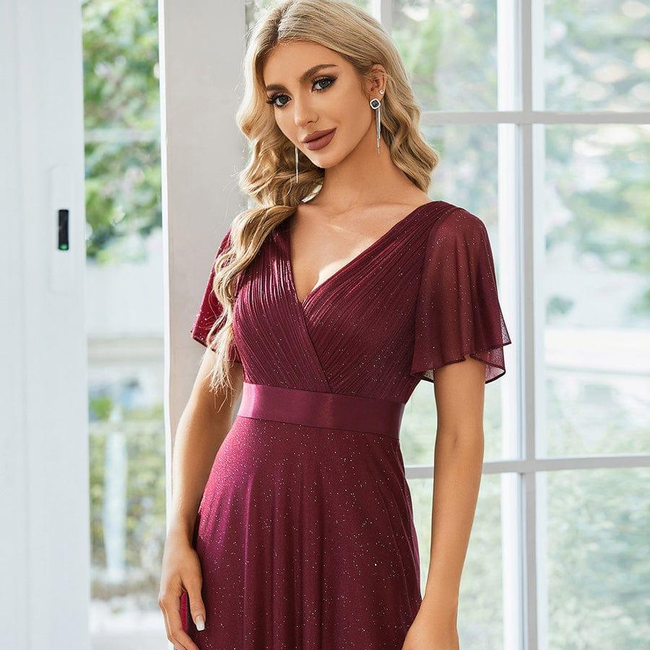 ever LIORÉ|Sparkling Short Sleeve V-Neck Ribbon Waist A-Line Evening Dress-gallery-29887302369354