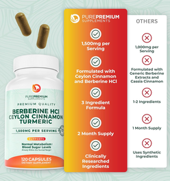 PurePremium Berberine with Ceylon Cinnamon Complex - 1500mg HCl, Cinnamon & Turmeric Supplement Supports Blood Sugar Levels