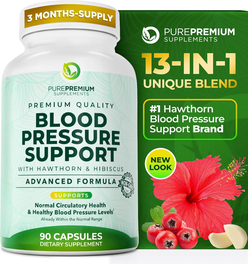 PurePremium Blood Pressure Supplements with Hawthorn Berry, Hibiscus, Garlic & Vitamin B12- Nitric Oxide - 90ct
