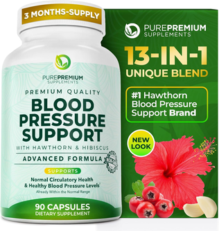 PurePremium Blood Pressure Supplements with Hawthorn Berry, Hibiscus, Garlic & Vitamin B12- Nitric Oxide - 90ct