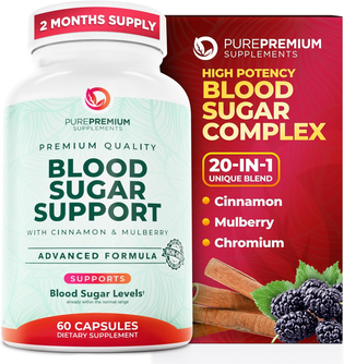PurePremium Normal Blood Sugar Support Supplement - 20 Active Ingredients Complex with Cinnamon, Bitter Melon, Chromium, Mulberry - 60ct
