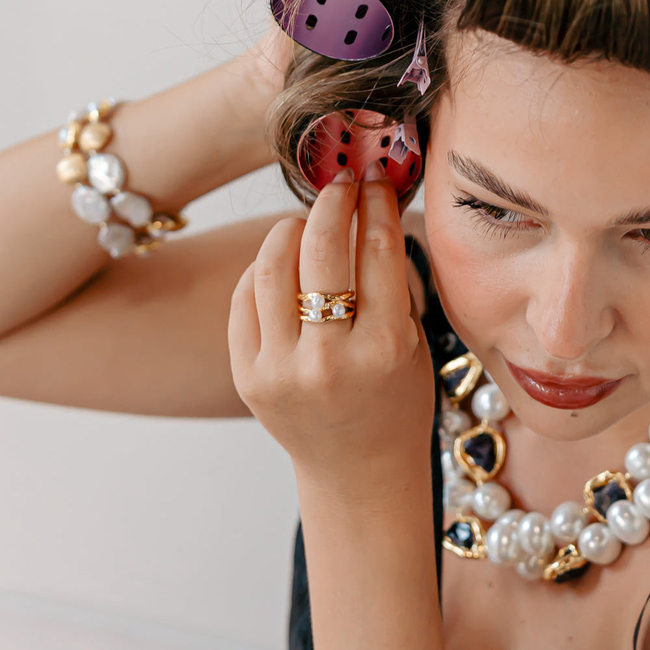 Triple Pearl Hammered Ring-gallery-34042550091851