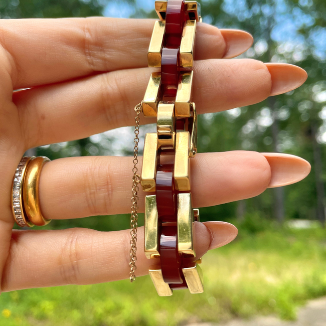 Vintage yellow 14K and carnelian angled link bracelet, 7.25 inch-gallery-53624006869307