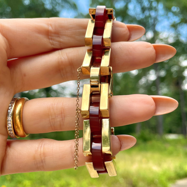 Vintage yellow 14K and carnelian angled link bracelet, 7.25 inch-gallery-53624006869307