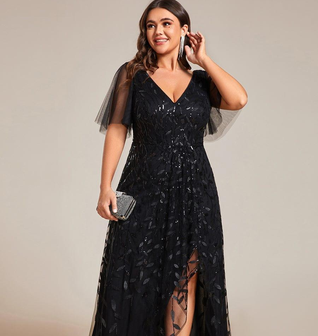 pretty ALIX|Plus Size Short Sleeves Sequin High Low V-Neck Midi Formal Evening Dress