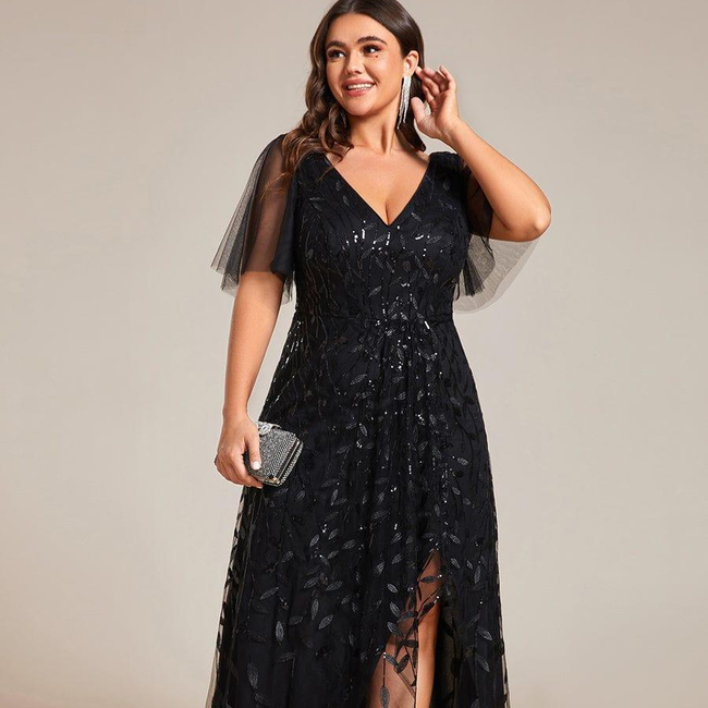 pretty ALIX|Plus Size Short Sleeves Sequin High Low V-Neck Midi Formal Evening Dress-gallery-30613784035402