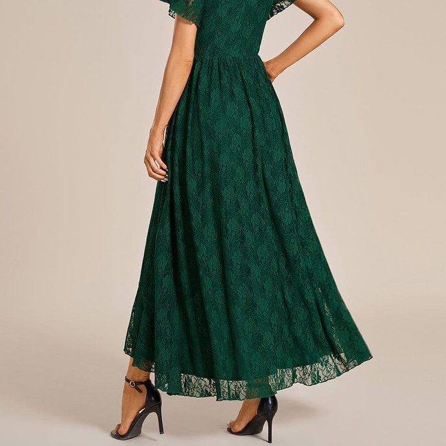ever ELISE|Pleated V-Neck Short Sleeve Ruffled Lace Wedding Guest Dress-gallery-30176363380810