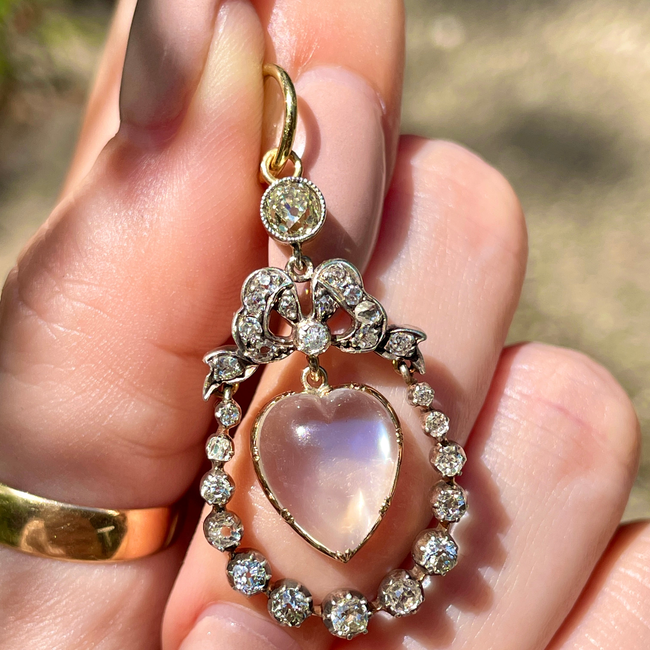 Incredible Antique 18K and 14K approx 1.22 ctw diamond and heart shaped moonstone bow pendant-gallery-54345330721083