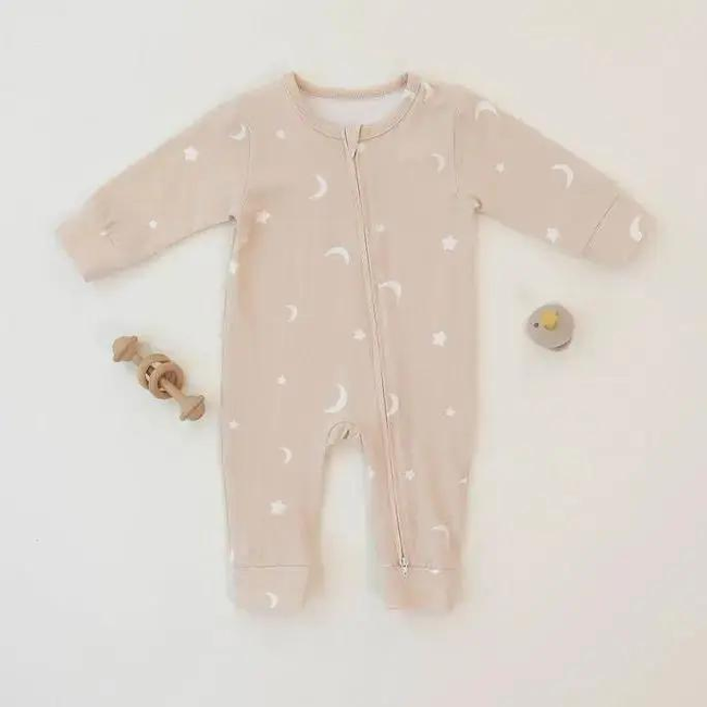 Moonlit Dreams Zipped Onesie (0–12 Months) – 100% Cotton Muslin Baby Sleepwear-gallery-46778670743785