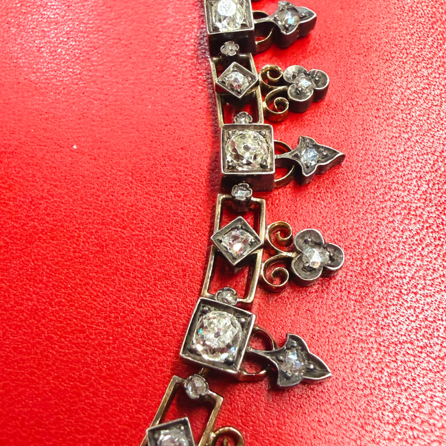 Antique 21K gold and silver topped over 7ctw Old Mine Cut diamond, rose cut diamond and pearl fringe-gallery-57093438636347