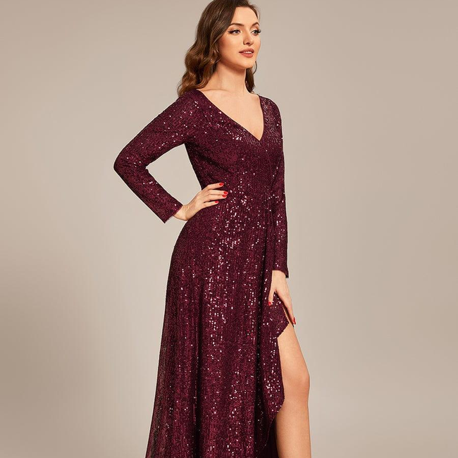 ever SYREN|Sequin Long Sleeve V-neck Asymmetrical Hem Evening Dress-gallery-29791624855626