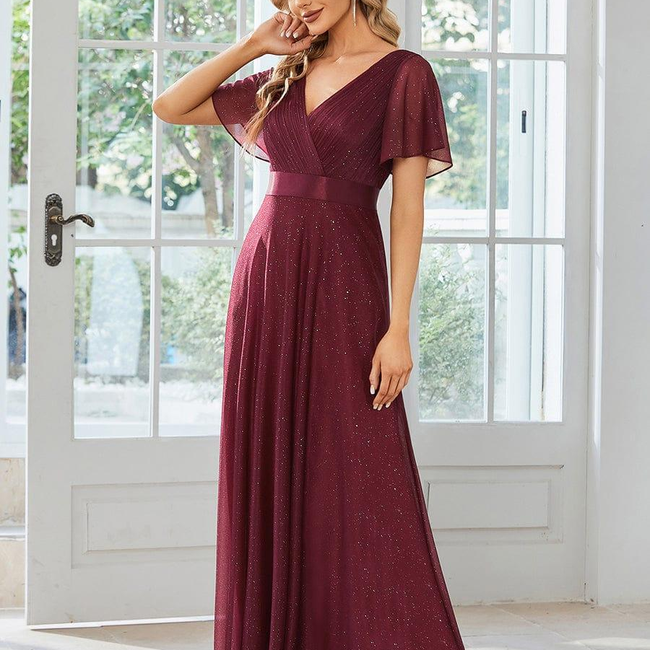 ever LIORÉ|Sparkling Short Sleeve V-Neck Ribbon Waist A-Line Evening Dress-gallery-29887302402122