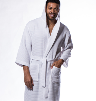 Waffle Hooded Long Robe Square Pattern White