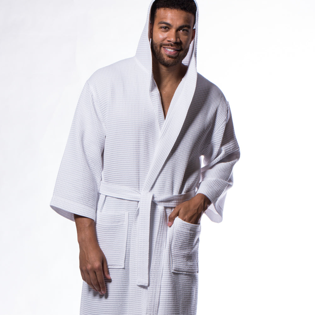 Waffle Hooded Long Robe Square Pattern White-gallery-46194664505603