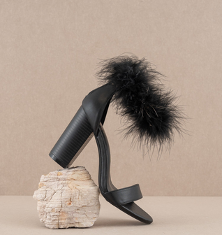 The Sasha | Black Feathered ankle block heel