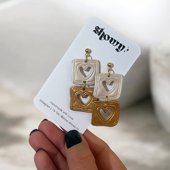 Gold & White Hearts dangling earrings-gallery-45114514211074