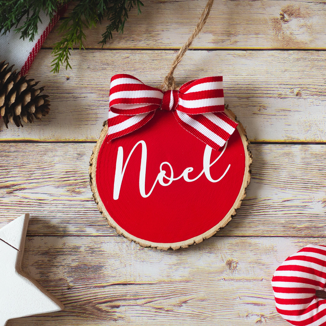 Farmhouse Christmas Ornaments Set of 3 | Red White Wood Slices - Believe Noel Joy-gallery-14606339571782