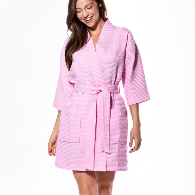 Waffle Kimono Pink Short Robe Square Pattern-gallery-46194276925699