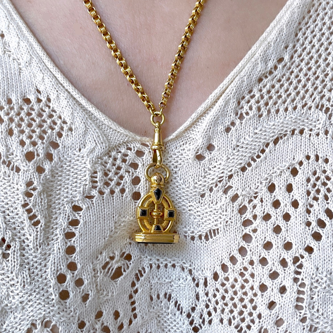 Antique yellow 18K triple rolo link watch chain with dog clip and bolt clasp, 23.5 inch-gallery-56081559879995