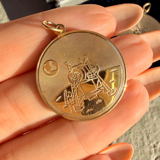 Vintage yellow 14K commemorative Moon Landing pendants with box from 1969-gallery-57141131018555
