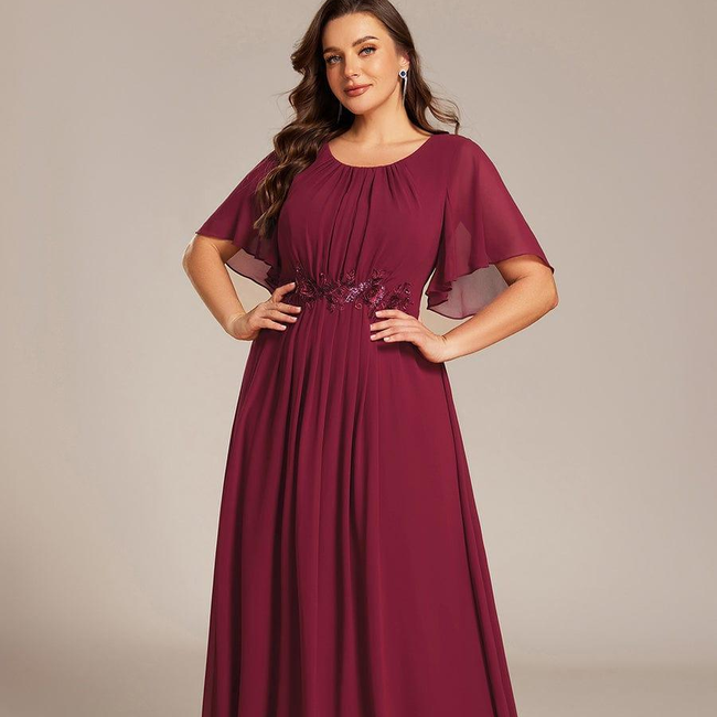 ever ASPYN|Short Sleeve Pleated Applique A-Line Floor-Length Formal Evening Dress-gallery-32875371135050