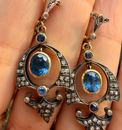 Vintage silver topped yellow 18K approx 2.4ctw natural sapphire and .3ctw diamond drop earrings with