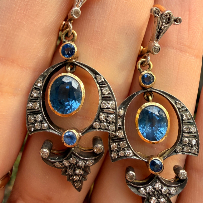 Vintage silver topped yellow 18K approx 2.4ctw natural sapphire and .3ctw diamond drop earrings with-gallery-56906683089211