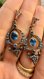 Vintage silver topped yellow 18K approx 2.4ctw natural sapphire and .3ctw diamond drop earrings with